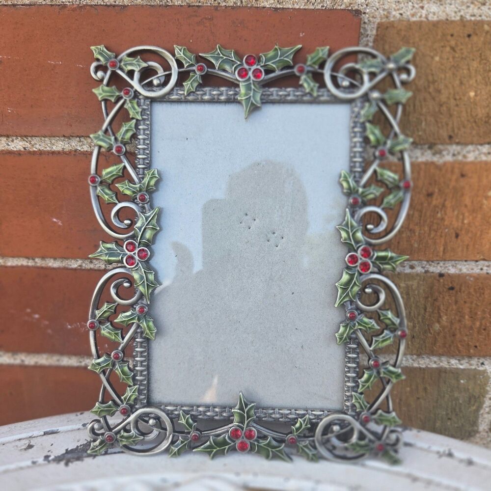 Ornate Metal Holly Berry 4x6 Picture Frame Christmas Red Rhinestone Decor